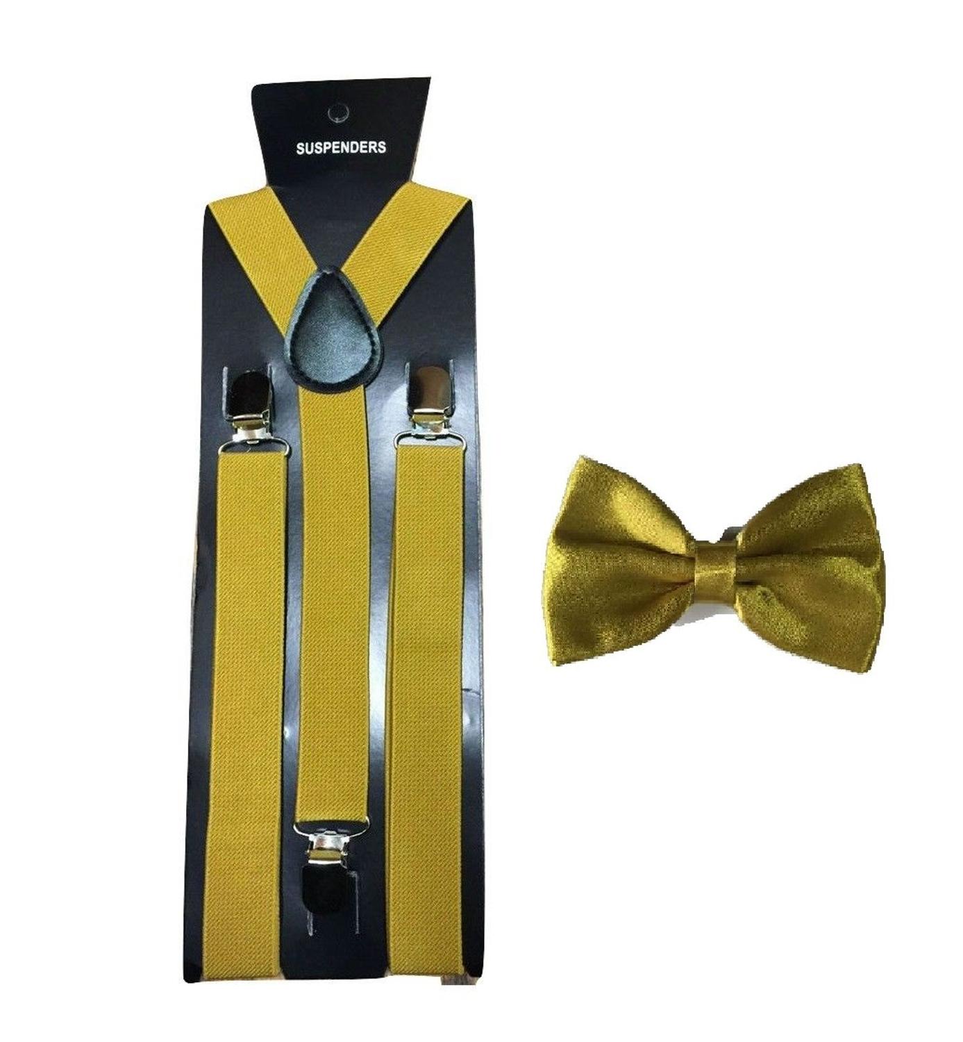 Men's Adult Matching Suspenders Braces & Pre-Tied Bow Tie Combo Sets Fancy Costume: Gold