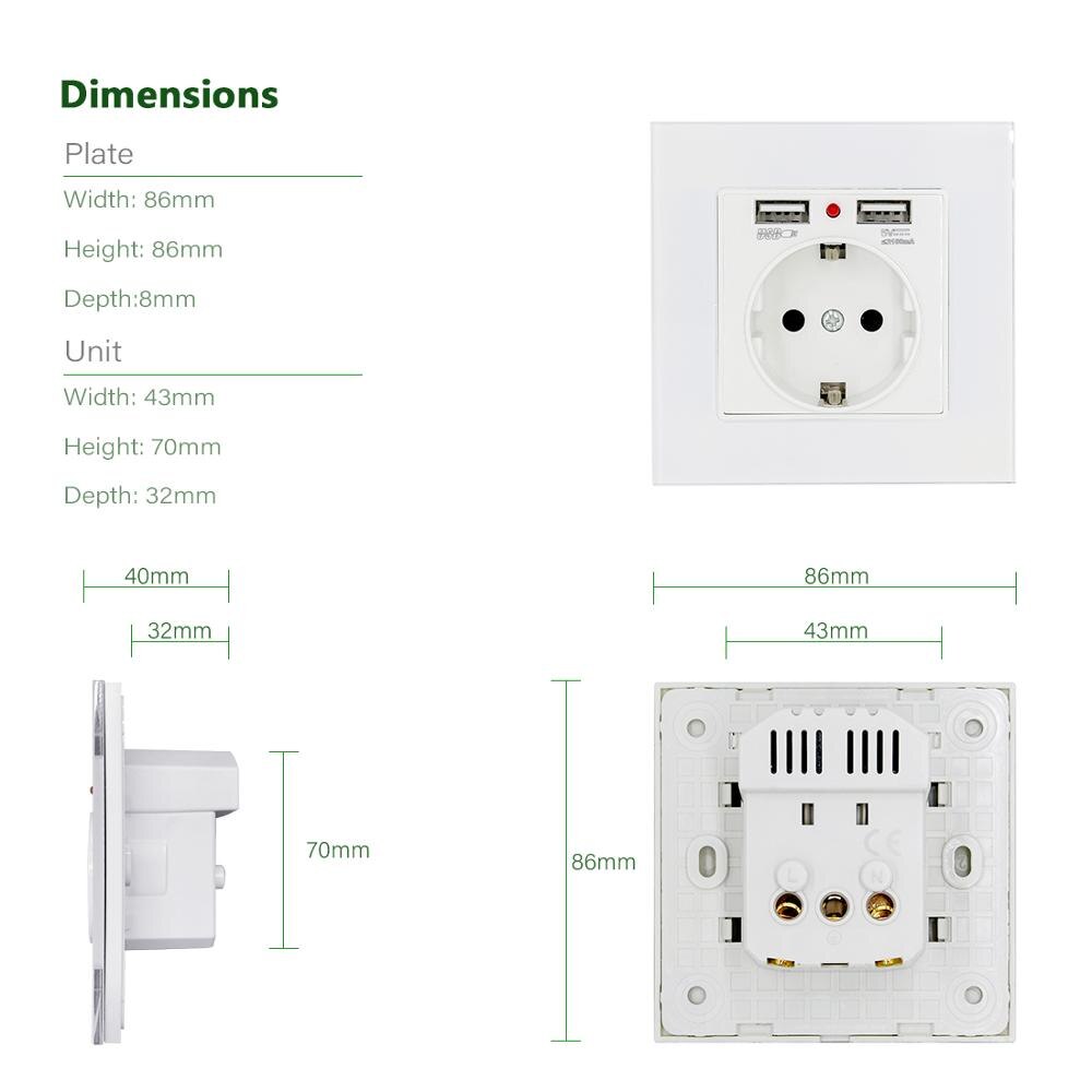 BSEED Home Electric Wall Socket With Double USB Wall Socket Decorative Socket Dual White Glass Panel