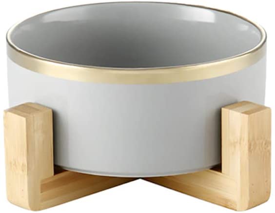 Bol pour chat surélevé en céramique avec support en bois, nourriture pour animaux domestiques, distributeur d'eau pour chats et chiens: Grey gold / S