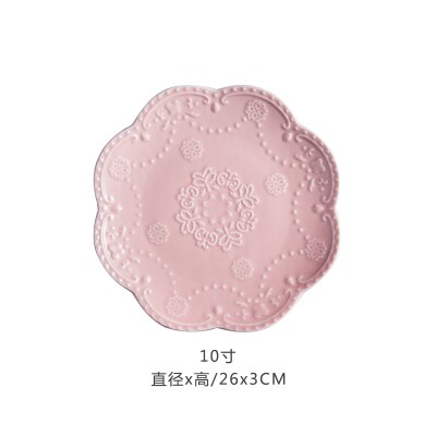 Assiette à fruits en relief chinoise, assiettes à salade, plateau en céramique, disque à Steak rose, gâteau, plat, accessoires de cuisine pour la maison, 6, 8, 10 pouces: Pink 10inches