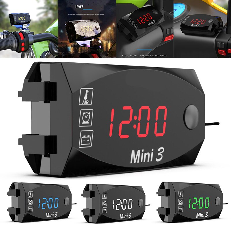 Ip67 waterdichte led-horloges met digitale display, drie-in-één universele elektronische motorfietsklok, thermometer en voltmeter