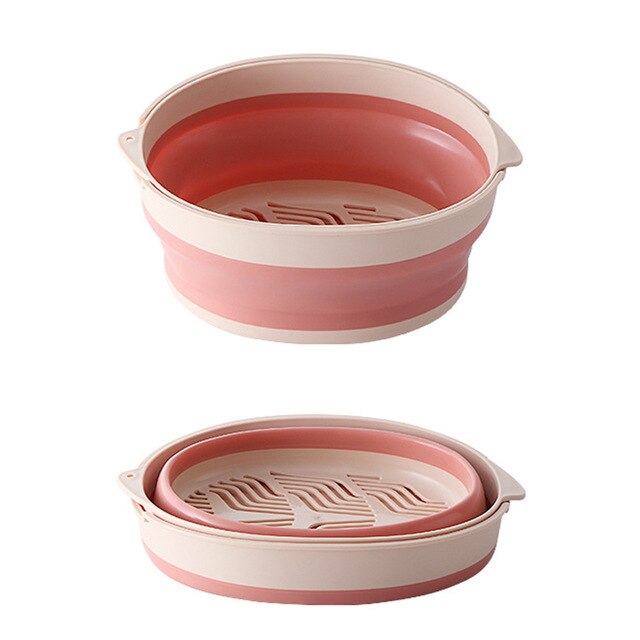 Double-Layer Kitchen Strainer Large Multifunction Drain Basket Foldable Kitchen Colanders Drain Basin Kitchen Utensils: Light pink