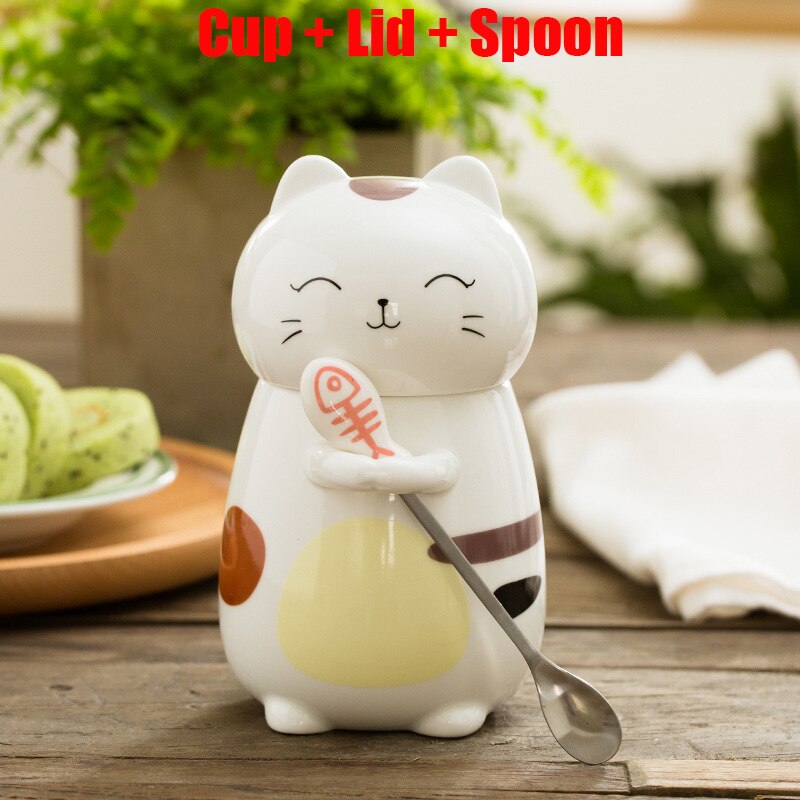 Super Cute Three-dimensional Animal Cat Cute Ceramic Water Cup Couple Large-capacity Mug with Lid Coffee Cup: C