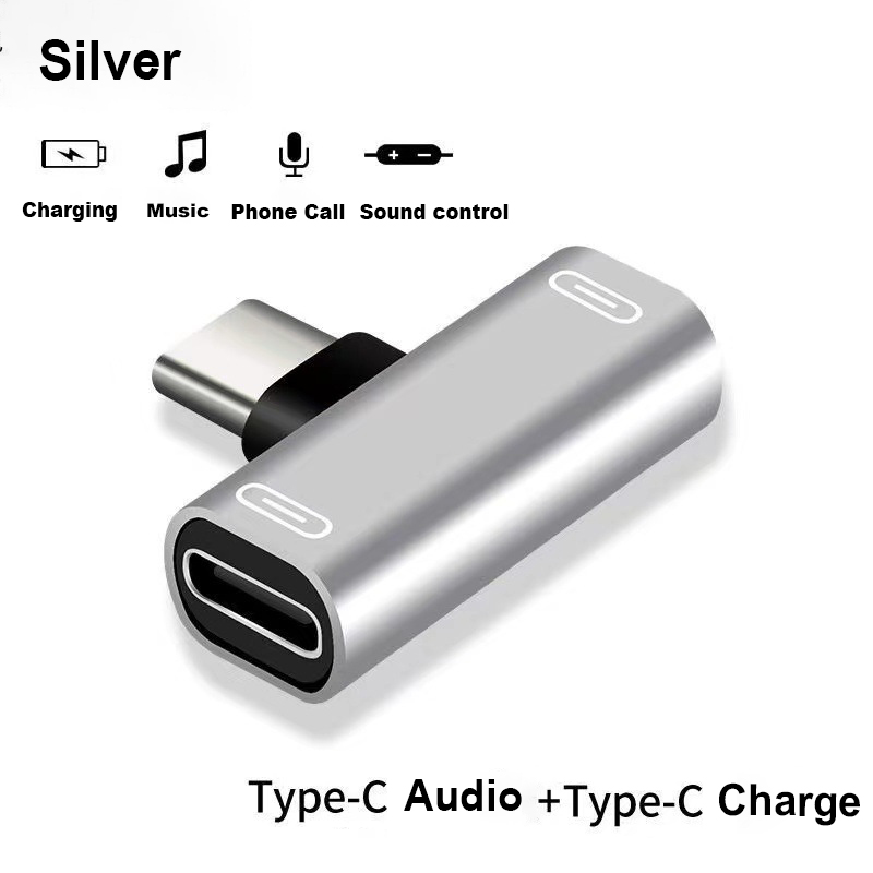 Dubbele functie TYPE-C NAAR 3,5 mm audio- en oplaadadapter, hoofdtelefoonaansluiting converter Aux-adapter hoofdtelefoonconverterkabel: Zilver