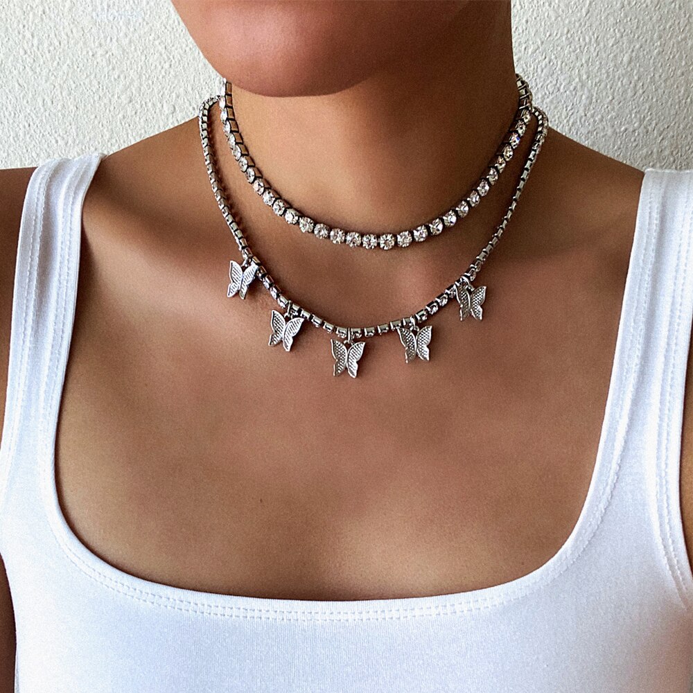 Rhinestone Butterfly necklace set charms crystal choker necklace for women Tennis Chain Trendy Luxury jewelry