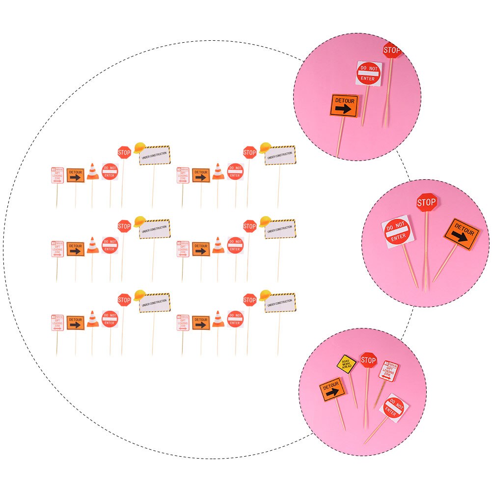 48pcs Cake Inserting Cards Theme Party Signs Cake Topper Construction Road Sign Pick