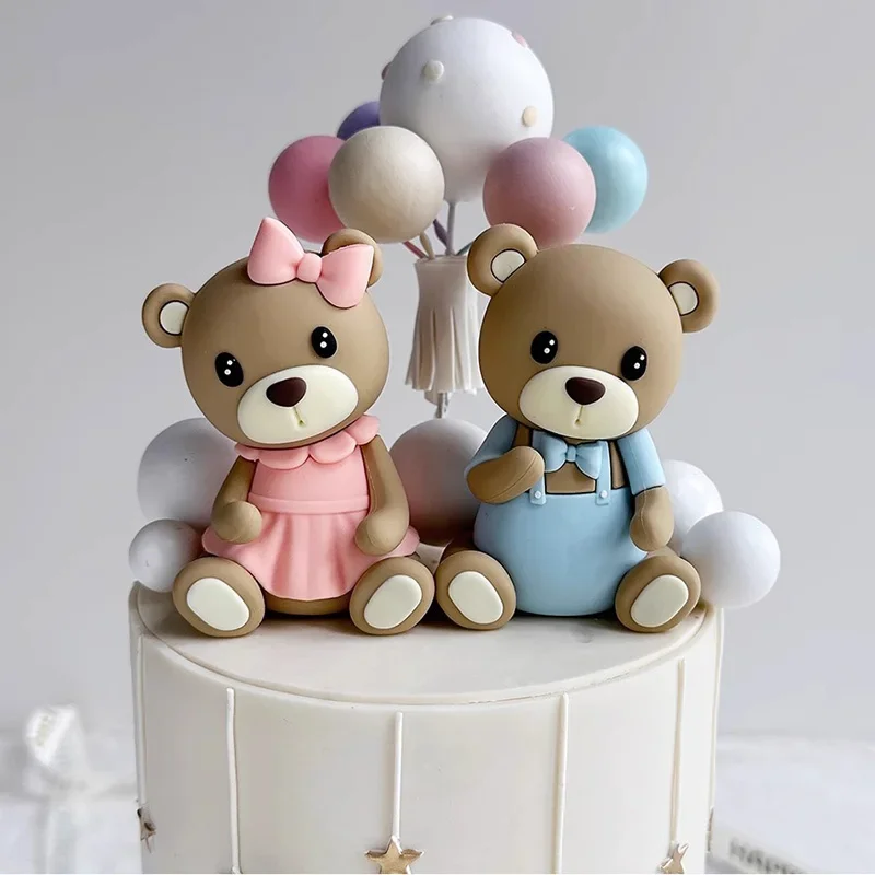 3d schattige roze en blauwe mini-beertjes als taarttoppers met teddybeer-thema voor een jongen of meisje, perfect voor een verjaardagstaart, babyshower of 1st feest met een beertje als decoratie.