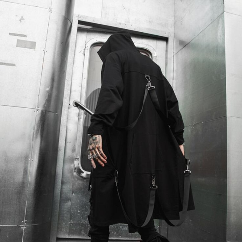 Frühling herbst männer bänder Patchwork Punk Hüfte hüpfen lange trenchcoat mit kapuze Mantel männer schwarz Reißverschluss techwear lange jacke Mantel