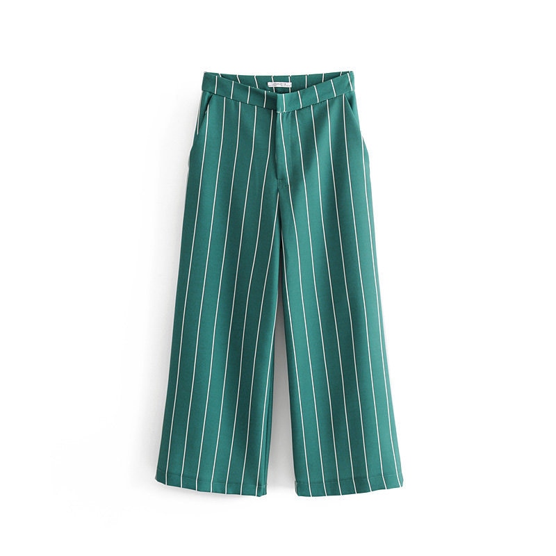 Kvinder buksedragter 2 stykke sæt stribet grøn blazer og jakke vintage stribede brede ben bukser kvinder smarte outfit dragter