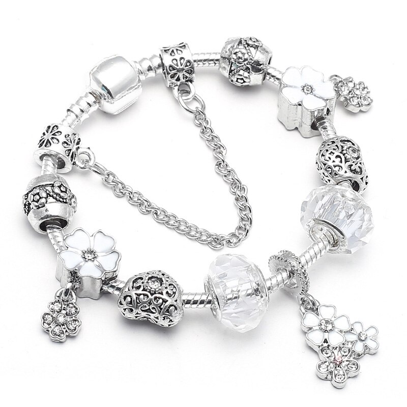 White Crystal Flower Dangles Charm Bracelet Plant Beads Brand Bracelet For Women Couple Anniversary Jewelry: Pink / 20cm