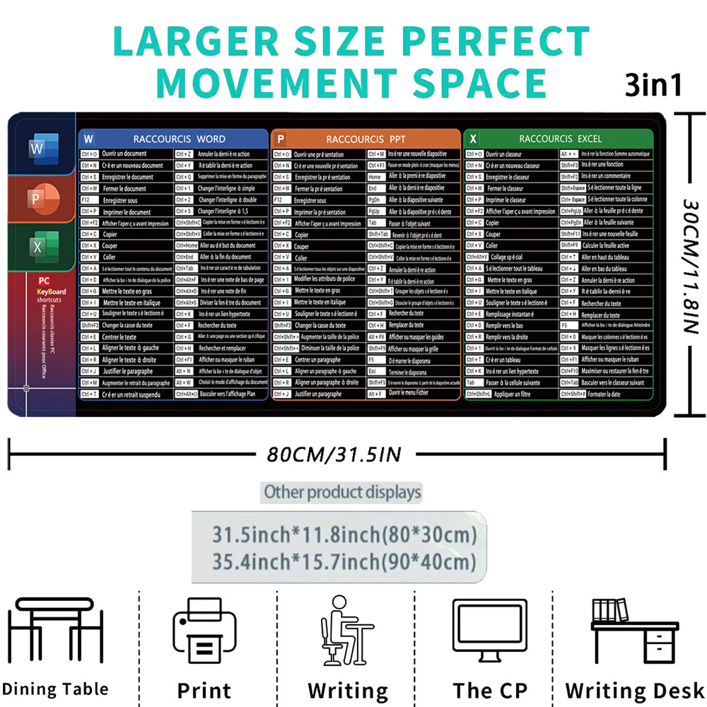French Excel Shortcuts Mouse Pad Large Extended Office Computer Desk Mat Big Keyboard Mousepad With Stitched Edge Non-Slip Base