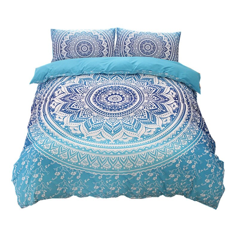 Bohemiska sängkläder set mandala tryck blå svart vit boho enkel dubbel queen king size påslakanset (ingen fyllning inget lakan)