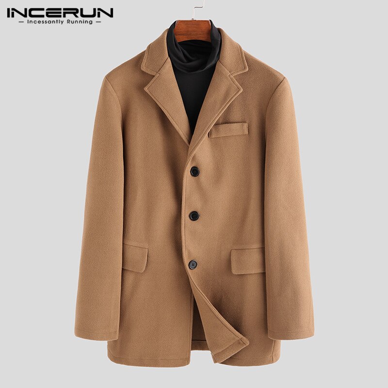 INCERUN Winter Mannen Geul Faux Fleece Blends Jassen Lange Mouwen Solid Casual Business Jassen Streetwear Mannen Overjassen: Camel Coats / XL