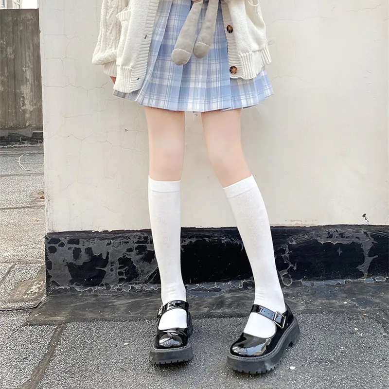 Meias altas para o joelho, monocromáticas, pretas, brancas, estilo japonês, meias de escola, coxa alta, lolita, kawaii, fofas, longas, JK