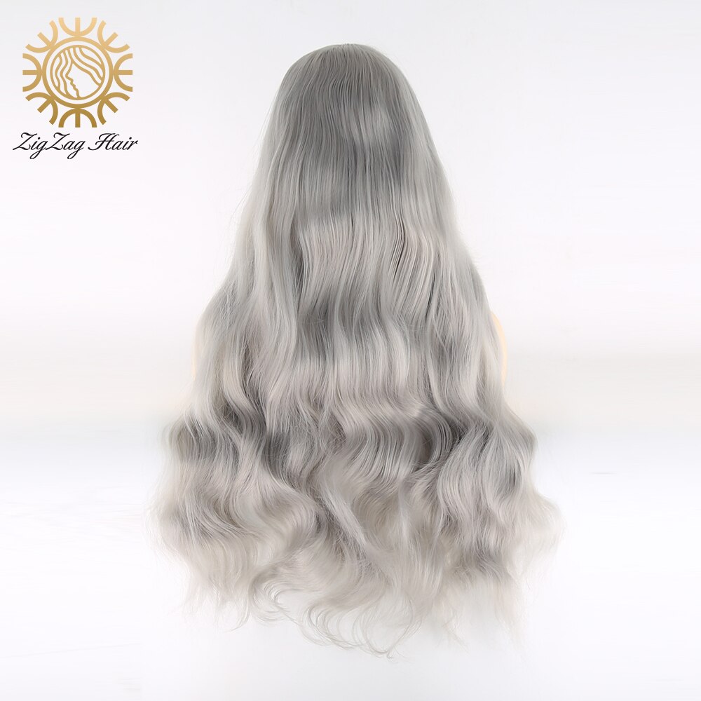 Zigzag Silver Grey Body Wave Synthetische Lace Front Pruik Voor Witte Vrouwen Lange Middelste Deel Pruik Natuurlijke Haarlijn Hittebestendige fiber