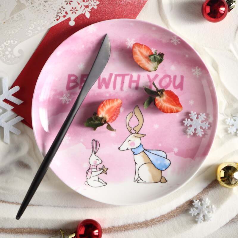 8 inch ceramic plate Christmas deer printed on glazed bone china cartoon round desserts round plates blue pink cutlery