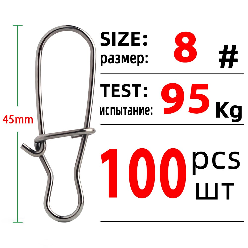 Dndyuju 100 stk fiskeri flot kroget snapstift i rustfrit stål fisketønde drejelig lokkestik fisketilbehør hav: Størrelse 8 (45mm 95kg)