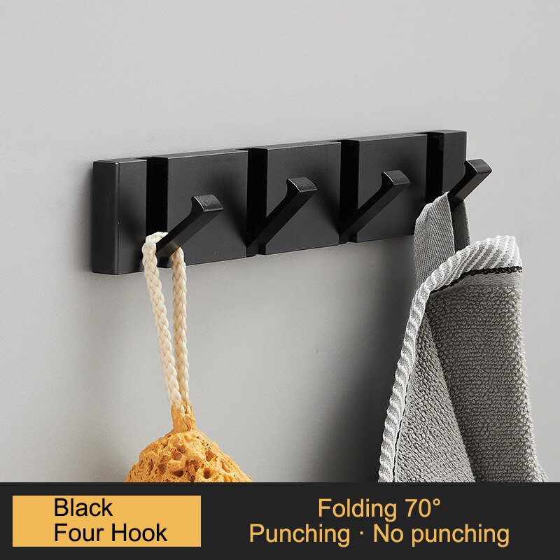 Porte-serviettes pliant Non marquant, sans poinçon, crochets muraux, porte-vêtements, pour salle de bains, cuisine, chambre à coucher, couloir: All Black 4 Hook 70