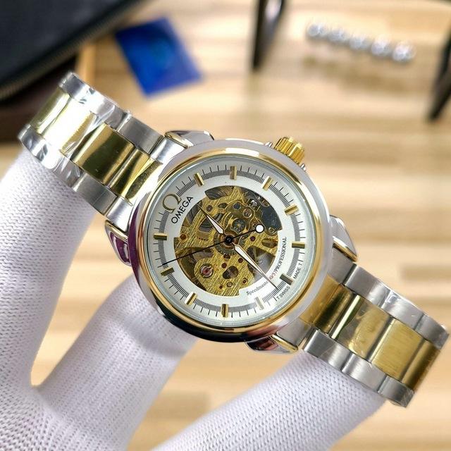 Omega- Brand Automatische Mechanische 007 Horloges Mannen Waterdichte Skeleton Polshorloge Met Vrouwen Mannen Lederen Band: 1
