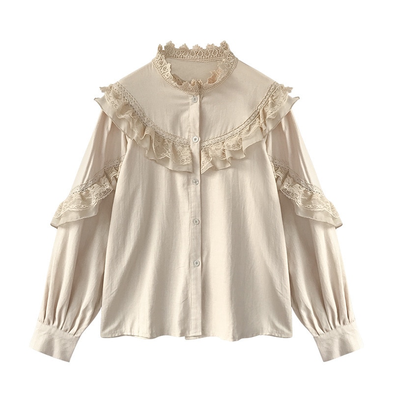 Lolita blus retro volang blus dam skjorta turtleneck krage långärmad formella blusar topp dam vintage skjorta