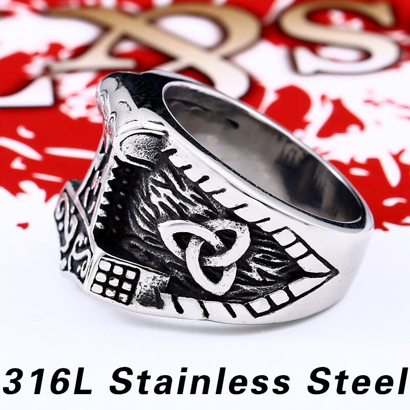 Beier 316L Stainless Steel Nordic Pagan Triskele Helm of Awe Aegishjalmur Futhark Viking Magic Stave Runic Amulet Ring LR563