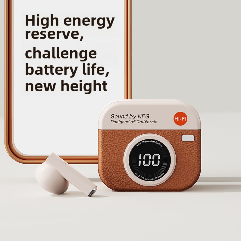 Q86 Retro Camera Leather Good Wireless Earbuds Semi-In-Ear Earphones with Screen Digital Display and Gaming Low Latency