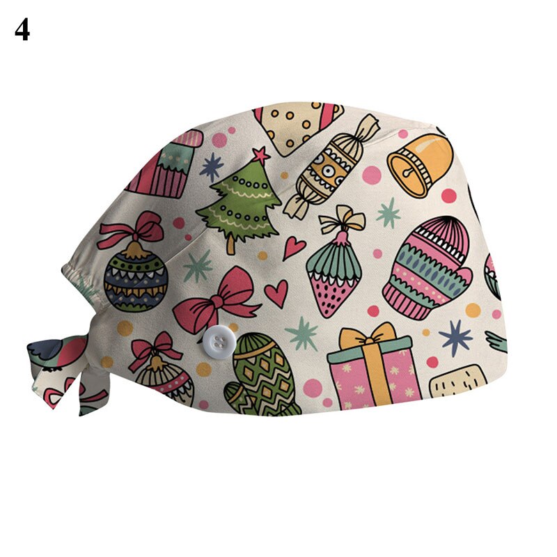 Kerstprint chirurgische muts voor dames heren verpleegstersmuts met knoop zweetabsorberende handdoek doktersmuts scrub muts gesp baotou muts