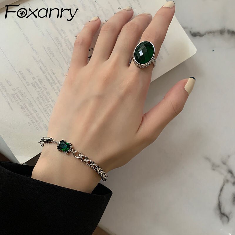 FOXANRY 925 braccialetti con timbro per donna Trendy elegante affascinante Vintage catena unica zircone verde gioielli per feste di compleanno