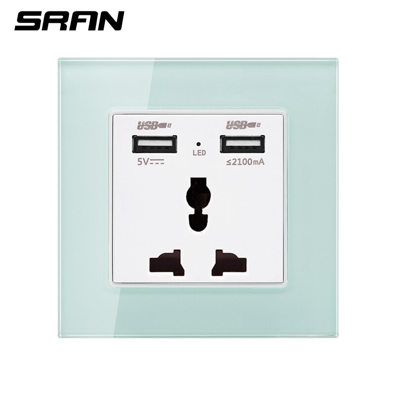 SRAN 3 pin universal power socket with USB,dual usb output 5V 2.1A Crystal glass panel 86mm*86mm white/black wall socket: Green