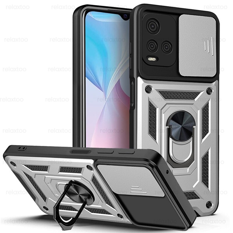 Slide Camera Shockproof Armor Case Voor Vivo Y33S Y 33S V2109 6.58 &quot;Auto Magnetische Ring Holder Stand Cover vivoy33s Beschermen Shell: Siliver-02