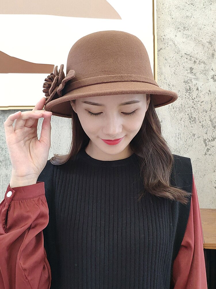 Chapeau Fedora en laine pour femmes, chapeau seau à fleurs texturées, , en forme de dôme, à la , automne hiver
