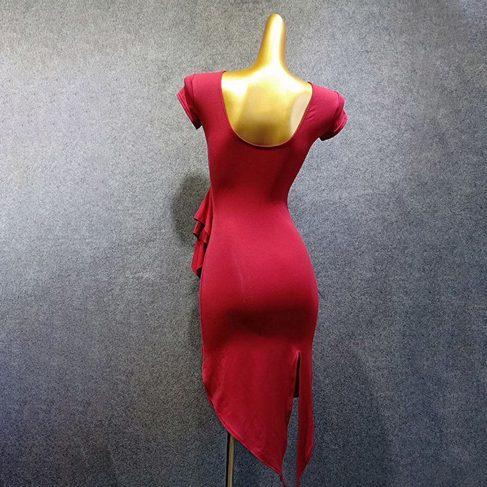Ärmlös ena sidan rynka lotus blad latin dans klänning dans prestanda kvinnor klänning balsal samba tango  w336