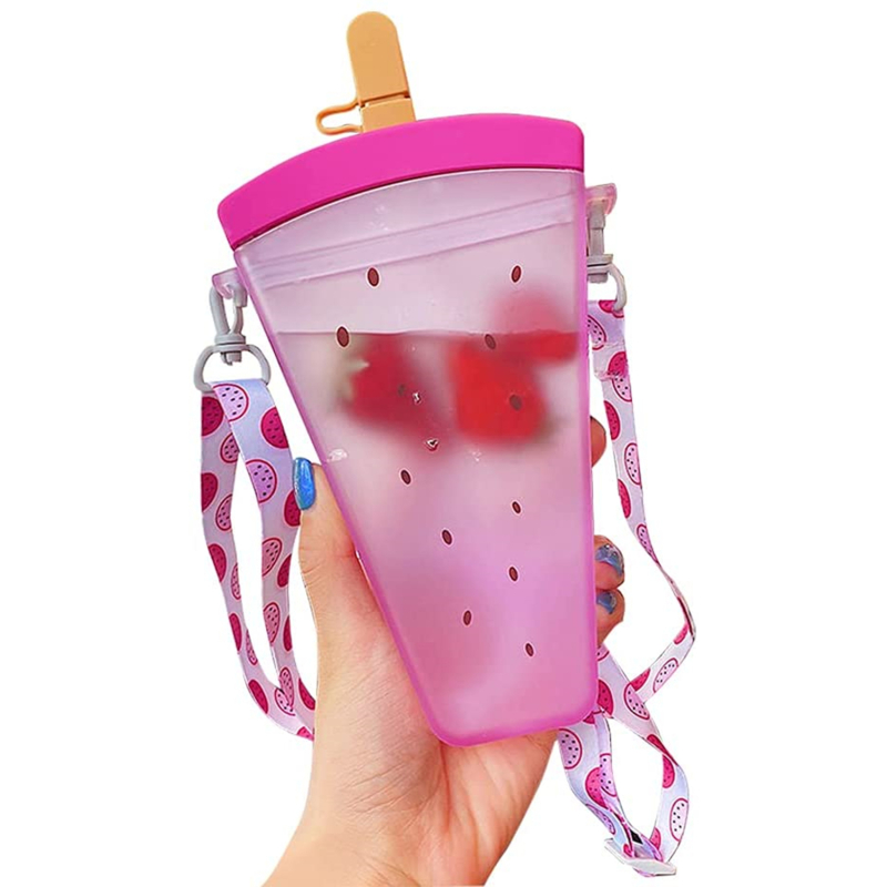 Plastic Water Bottles Cute Watermelon Ice Cream Water Bottle With Straw Bottle Anti-fall Portable Popsicle Cup Kids Water: Purple Dragon Fruit