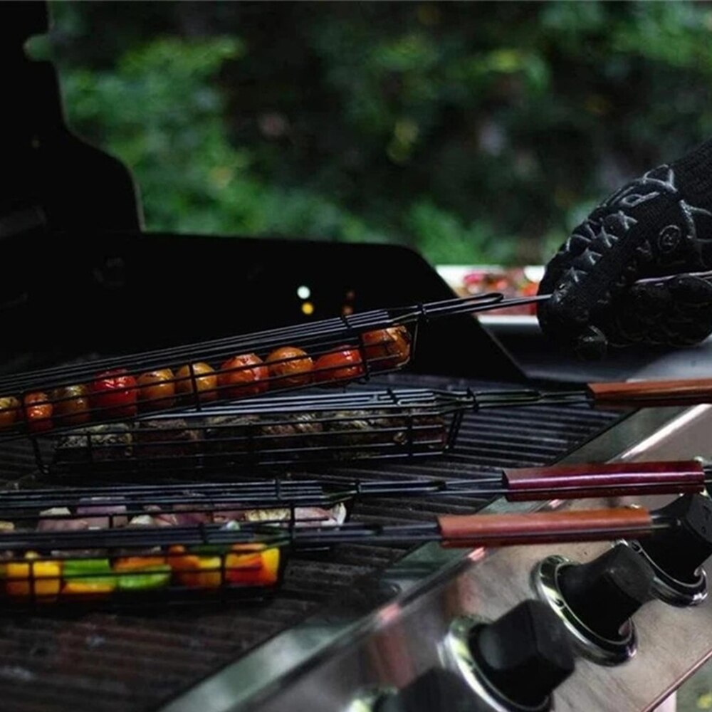 Panier à brochettes en fer en forme de barre de Barbecue, Cage pratique pour Barbecue, support de maille, panier de gril pratique pour fête Camping 4 pièces