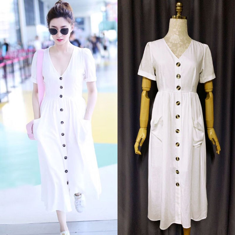 Celebrity dress white dress mid-length cotton and linen V-neck waist large pocket short-sleeved shirt skirt summer: 10