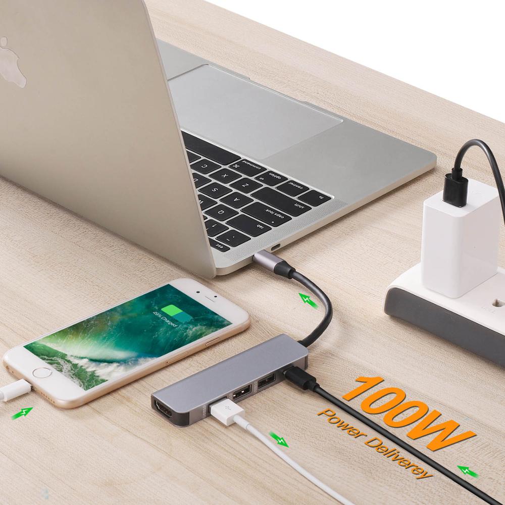 Hub USB 5 en 1 de Type C avec adaptateur de charge rapide PD pour Macbok, prolongateur de téléphone Portable, USB 3.1