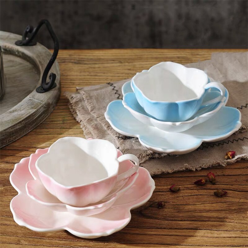 Tasse à café en céramique en forme de fleur avec soucoupe, ensemble de plateaux à Dessert, style européen léger de luxe, romantique, thé de l&#39;après-midi, lait, plat à gâteau