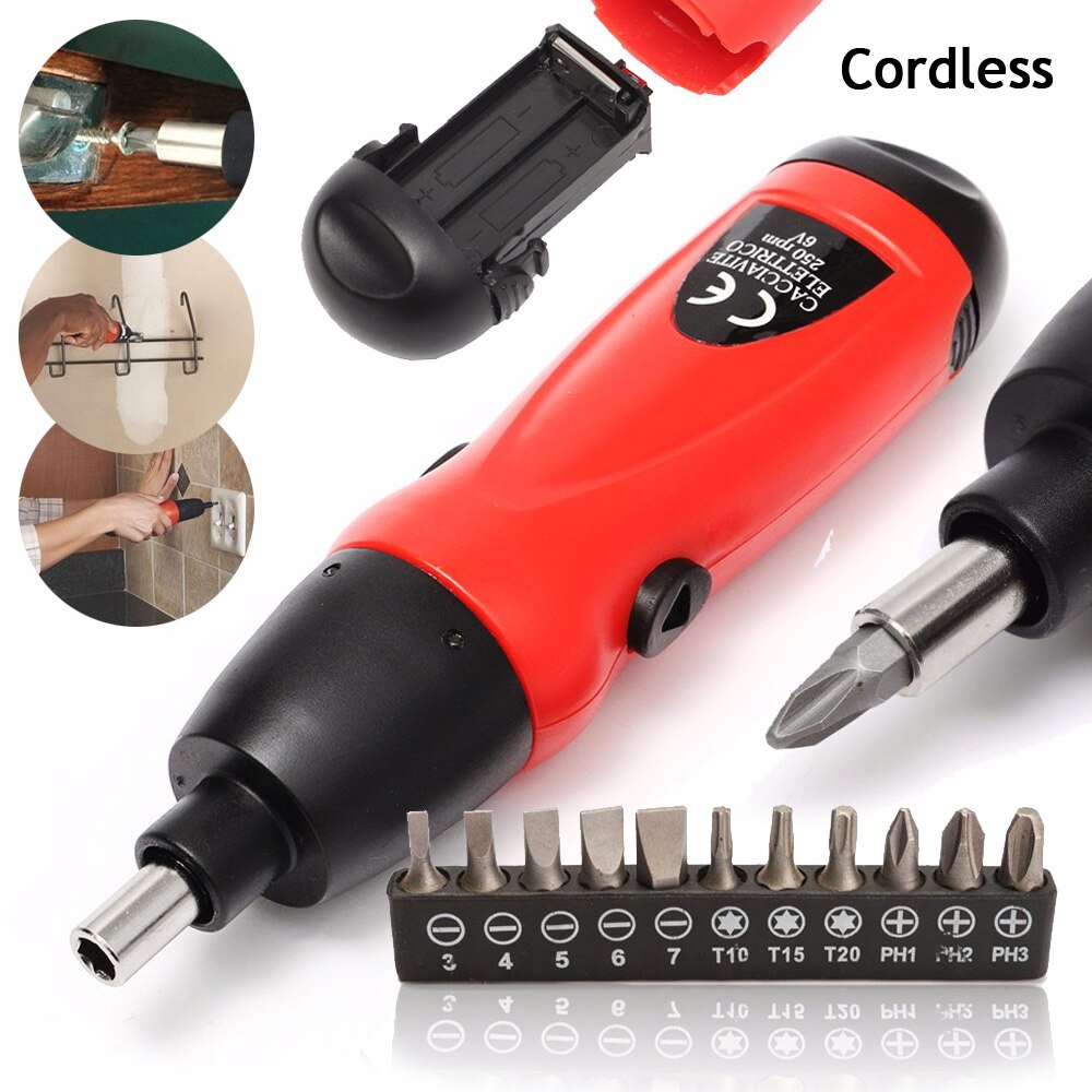 Electric Screwdriver 6V Battery Operated Cordless Screwdriver Drill Tool Electric Screwdriver Set + 11Pcs Bits Accessories