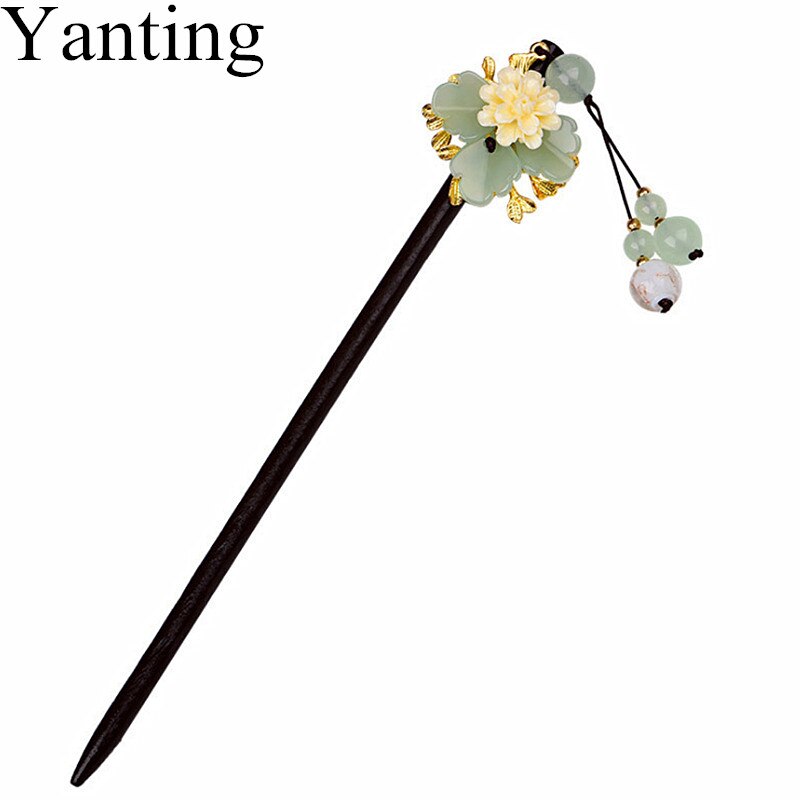 Yanting Women Hair Jewelry Glass Glazed Flower Chinese Hairpin Ethnic Hair Stick With Stone Tassel Bride Accessories 0144