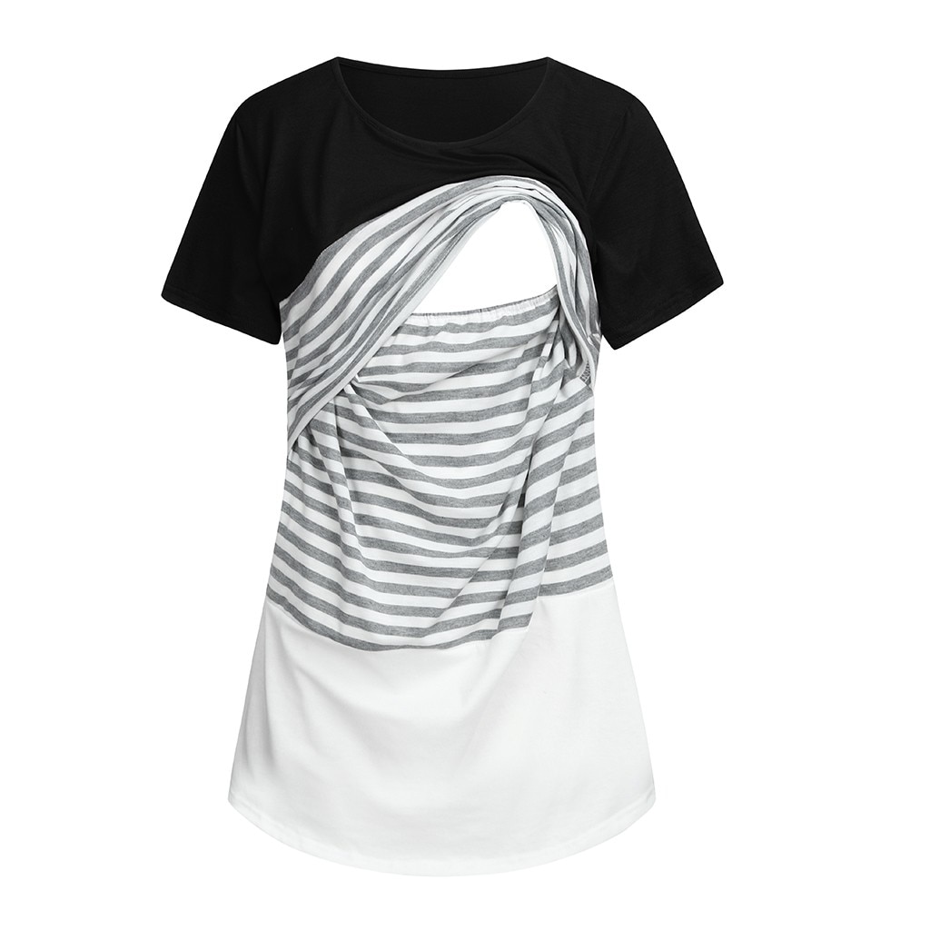Frauen Schwangere Mutterschaft Kleidung Kurzarm Streifen Spleißen Mama Pflege- oben Baby Spitzen Schwangerschaft Shirt Stillen Kleidung