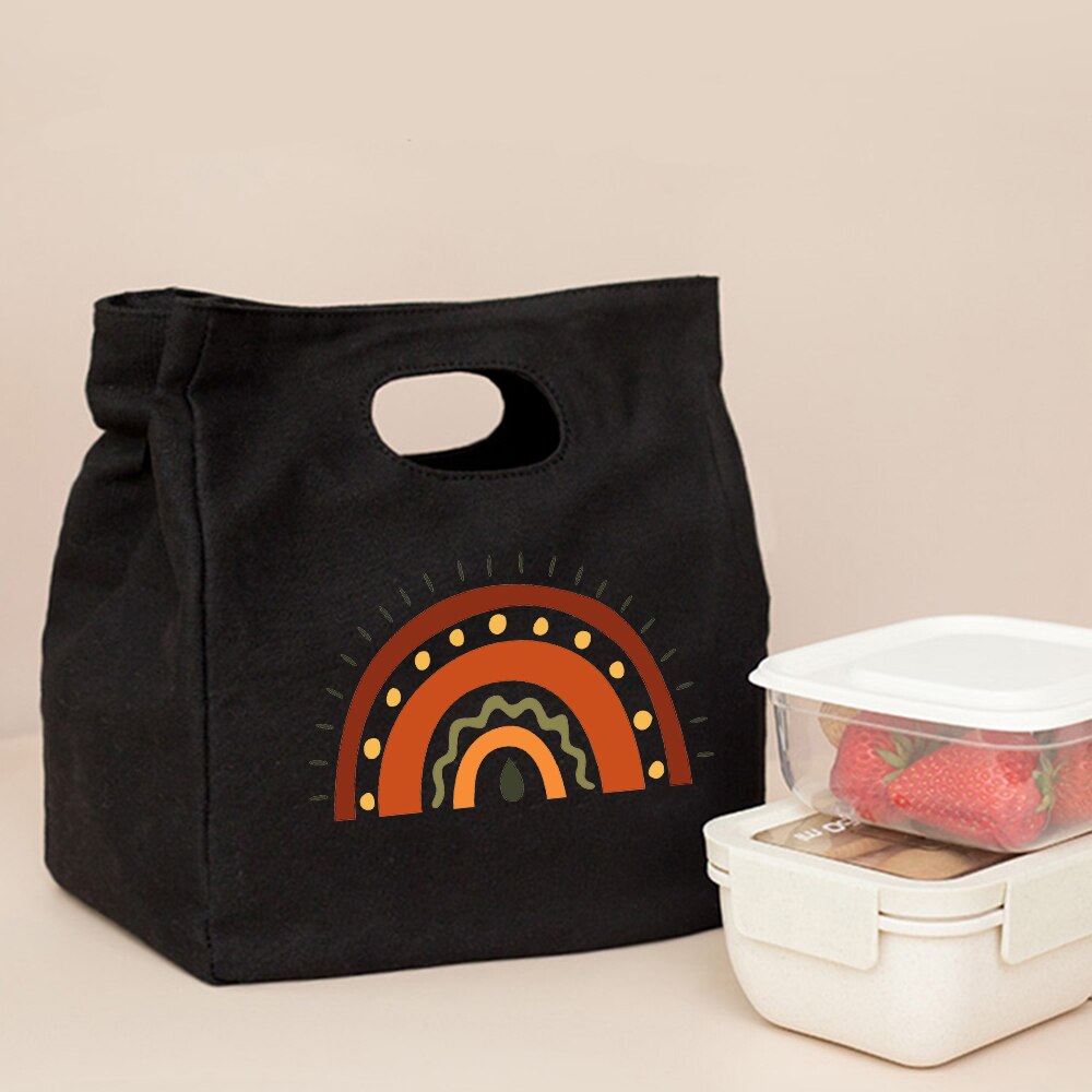 Śliczna modna tęcza drukuj czarne torby na Lunch na co dzień wielokrotnego użytku Eco termiczna torba składana torba podróżna o dużej pojemności Harajuku: Q00731-TBBK-C