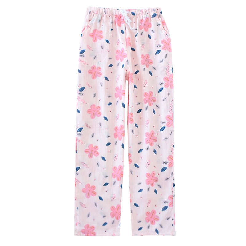 100% de algodón de gasa para mujer, Pantalón de pijama fino, informal, para dormir, tejido Floral de talla grande, para el hogar