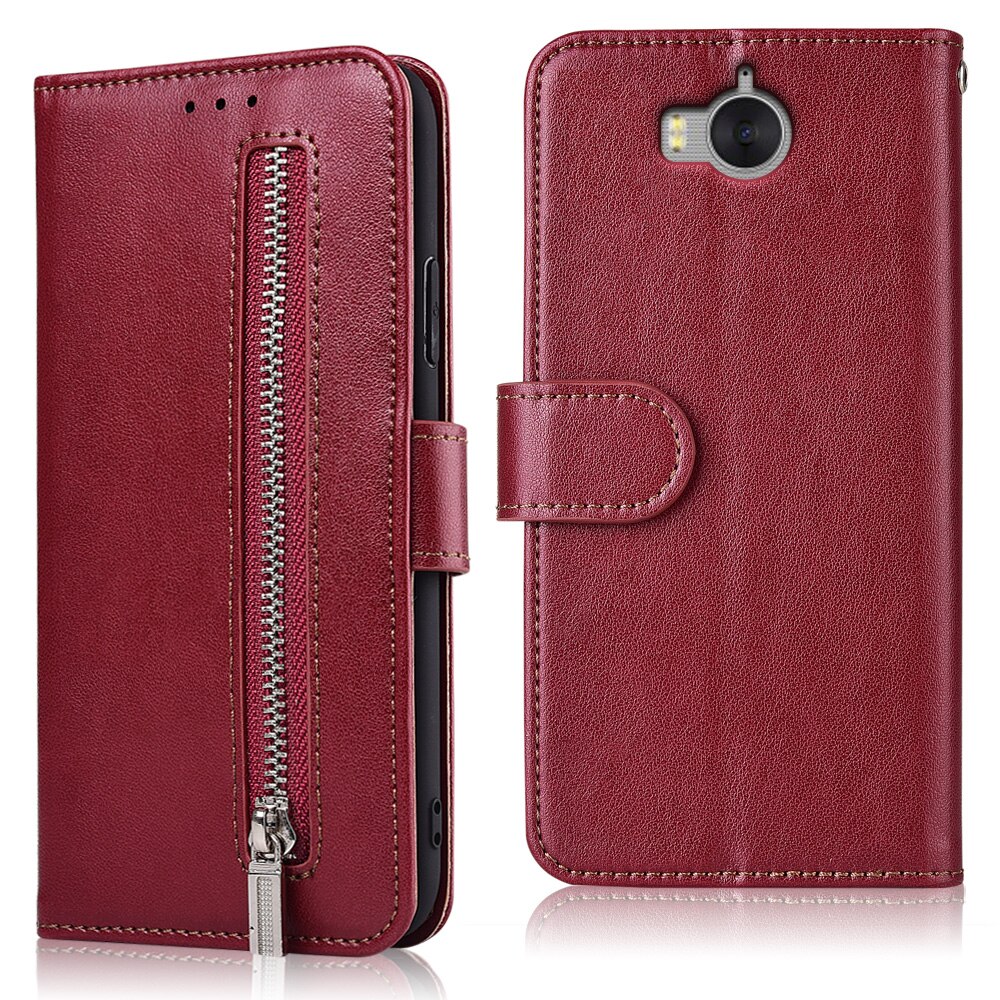 Zipper Wallet Leather Case for Huawei Y5 MYA-AL10 MYA-L22 MYA-U29 Fundas Soft TPU Back Cover Card Holder Flip Case: 61Zipper-WineRed