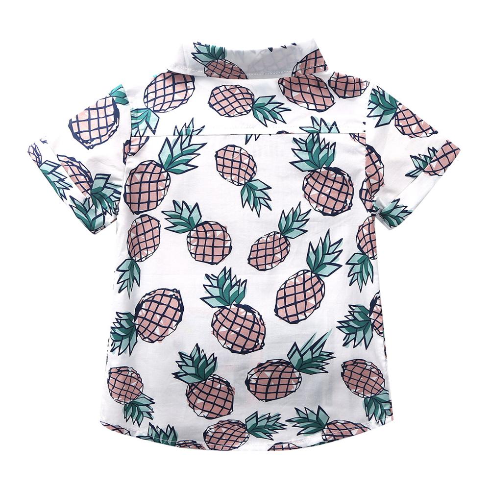 Bebé de verano de los muchachos de algodón de manga corta Camiseta de piña impresa Spread Collar botón Top bajo playa camisa Casual