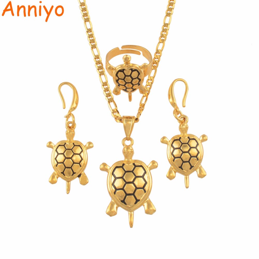Anniyo Micronesië Hawaii Schildpad Sieraden Sets Kettingen Oorbellen Ring Nieuw-guinea Hawaiiaanse Schildpad Sieraden Set #138906