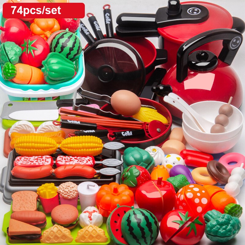 Zabawki kuchenne dla dzieci symulacja kuchenny owoc jedzenie garnek Pan dzieci udawaj zagraj w zestaw kuchenny zabawki dla dziewczynek lalka jedzenie czerwone: 74pcs