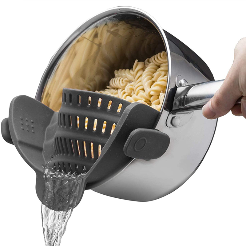Adjustable Silicone Clip On Strainer Food Grade Heat Resistant Pot Drain Pan Strainer Liquid Drainer Kitchen Colander Strainer: Gray