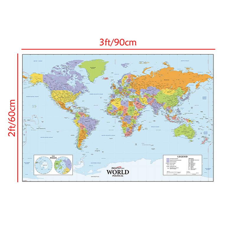 90*60cm The World Political Map World Decoration Map Fine Canvas Spray Painting For School/Office Wall Decor