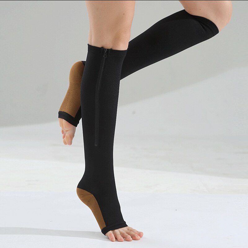 Chaussettes de Compression pour hommes et femmes, chaussettes de soutien du genou, fermeture éclair, bout ouvert, fines, Anti-Fatigue, chaussettes hautes, extensibles, unisexes,