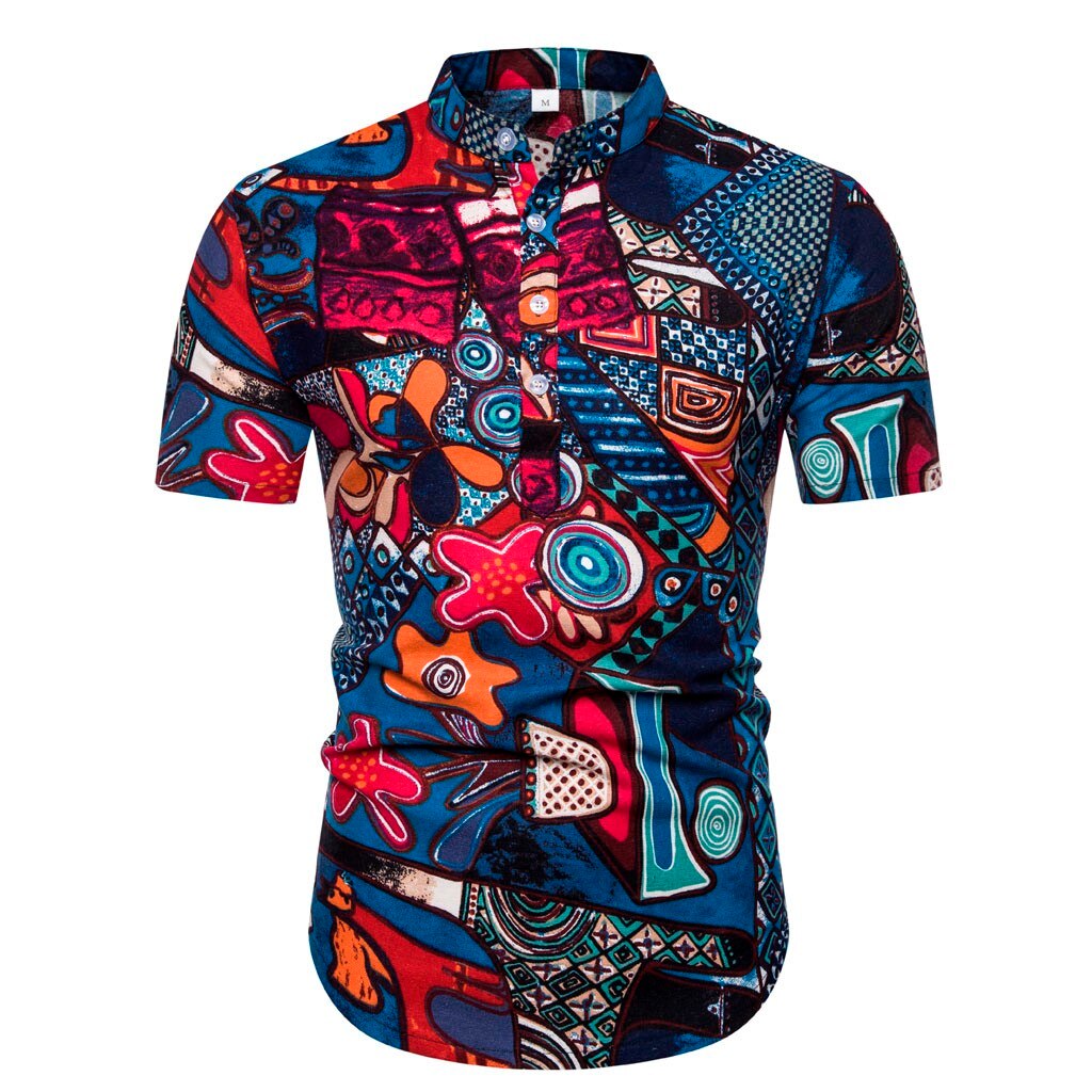 Breathable Linen Men Shirt Vintage Ethnic Printed Stand Collar Short Sleeve Streetwear Tops Loose Men Beach Hawaiian Shirts